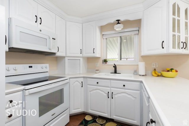 950 E 120 S, Orem, UT 84097 - kitchen with white appliances, a sink, white cabinets, and glass insert cabinets