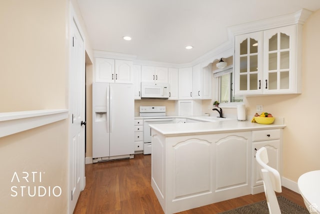950 E 120 S, Orem, UT 84097 - kitchen featuring white appliances, a peninsula, glass insert cabinets, dark wood-style floors, and a sink