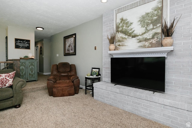 3704 S State St, Preston, ID 83263 - carpeted living room with a brick fireplace, a textured ceiling, and baseboards