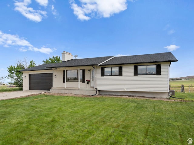1491 Bryan Rd, Erda, UT 84074 - ranch-style house with an attached garage, a chimney, concrete driveway, a front lawn, and central air condition unit