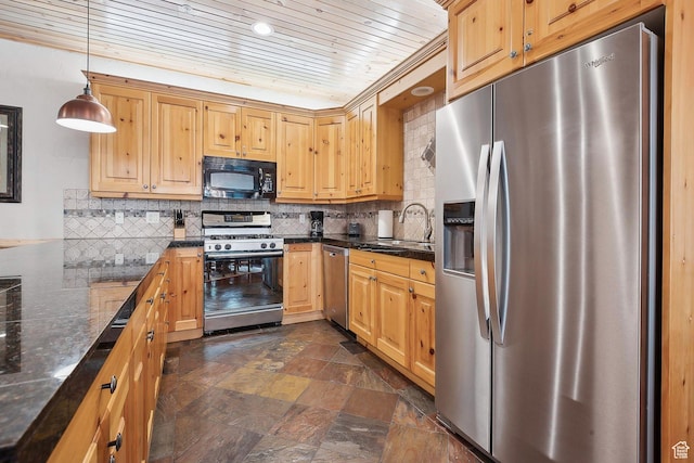 3975 Timberwolf Ln Unit 2C, Park City, UT 84098 - kitchen with stainless steel appliances, a sink, dark stone finish flooring, backsplash, and wood ceiling