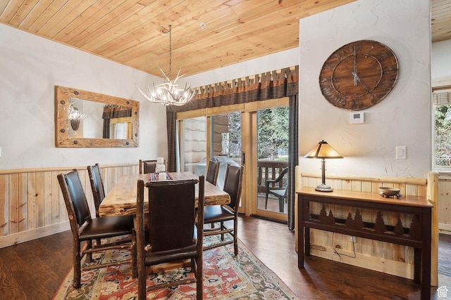 3975 Timberwolf Ln Unit 2C, Park City, UT 84098 - dining area featuring wooden ceiling, plenty of natural light, a wainscoted wall, wood finished floors, and a chandelier
