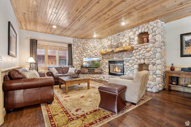 3975 Timberwolf Ln Unit 2C, Park City, UT 84098 - living area featuring wood ceiling, wood finished floors, a stone fireplace, and recessed lighting