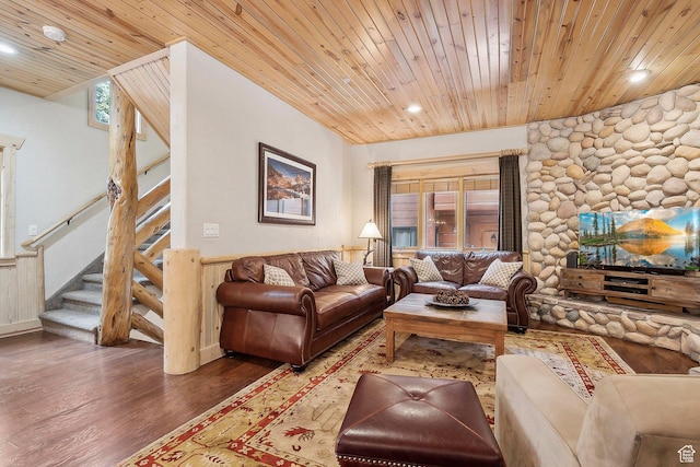 3975 Timberwolf Ln Unit 2C, Park City, UT 84098 - living area featuring wood ceiling, wood finished floors, stairway, recessed lighting, and wainscoting