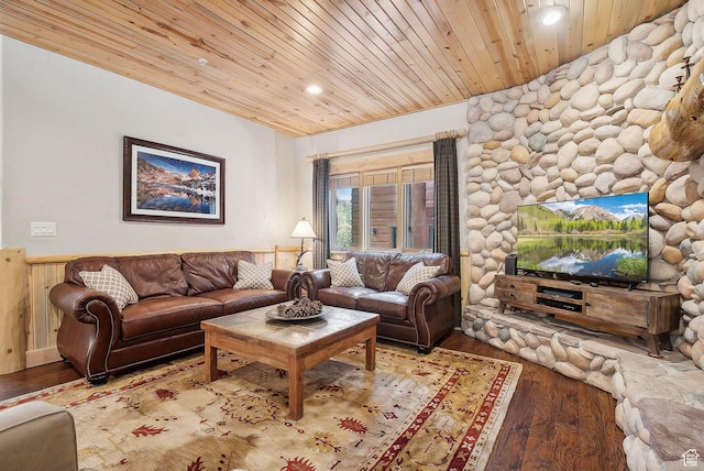 3975 Timberwolf Ln Unit 2C, Park City, UT 84098 - living room featuring wood ceiling, wainscoting, wood finished floors, and recessed lighting
