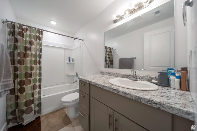 6216 S Waller Ln W, West Jordan, UT 84081 - full bath featuring vanity, shower / tub combo with curtain, toilet, and tile patterned flooring