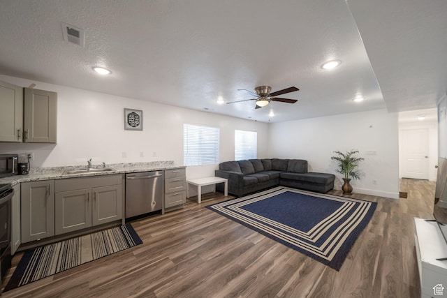 6216 S Waller Ln W, West Jordan, UT 84081 - living area with ceiling fan, dark wood-style flooring, a textured ceiling, and recessed lighting