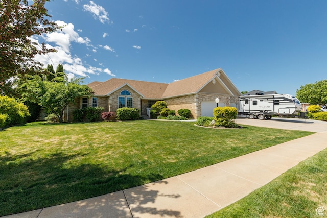 2275 W 1500 S Unit 28, Syracuse, UT 84075 - ranch-style home featuring a front lawn, driveway, a garage, and stone siding