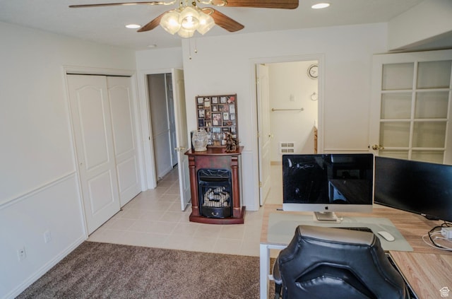 398 S 900 E, Smithfield, UT 84335 - office featuring ceiling fan, recessed lighting, light carpet, light tile patterned floors, and a wood stove