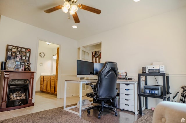 398 S 900 E, Smithfield, UT 84335 - office space featuring a ceiling fan, a fireplace, recessed lighting, and light tile patterned flooring