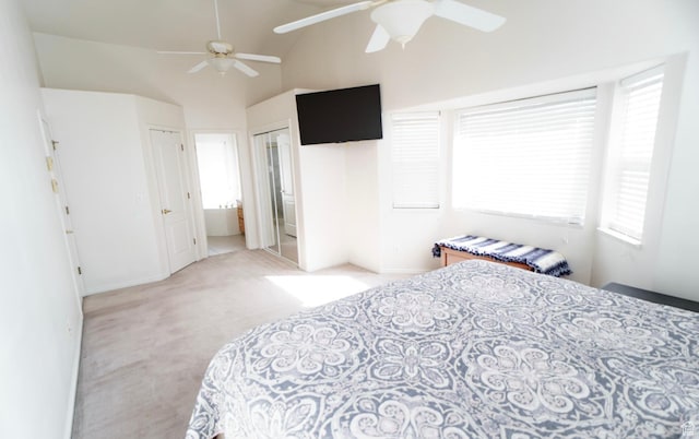 398 S 900 E, Smithfield, UT 84335 - bedroom featuring light carpet, a ceiling fan, baseboards, and high vaulted ceiling
