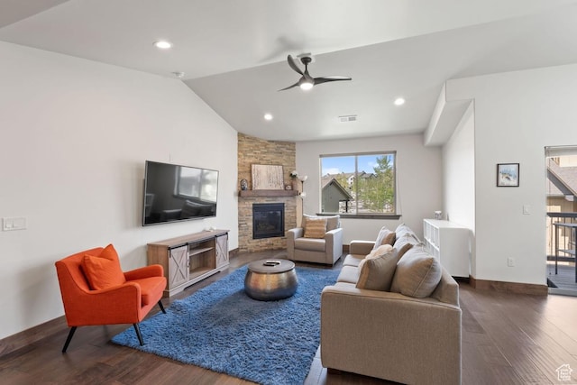 14311 N Buck Horn Trl Unit 42N, Kamas, UT 84036 - living area featuring wood finished floors, a fireplace, lofted ceiling, ceiling fan, and baseboards