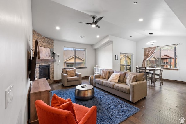 14311 N Buck Horn Trl Unit 42N, Kamas, UT 84036 - living room with healthy amount of natural light, a ceiling fan, dark wood finished floors, vaulted ceiling, and recessed lighting