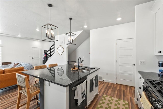 4376 W Bromwell Ct, Lehi, UT 84043 - kitchen with a sink, dishwasher, dark wood-style floors, a kitchen breakfast bar, and recessed lighting
