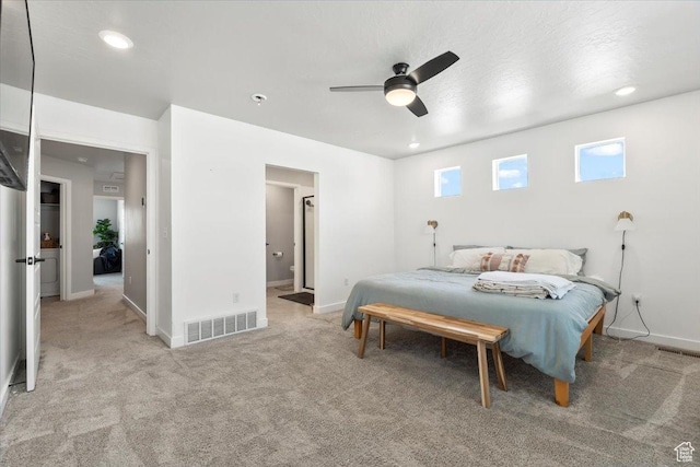 4376 W Bromwell Ct, Lehi, UT 84043 - bedroom featuring carpet flooring, baseboards, recessed lighting, a ceiling fan, and connected bathroom