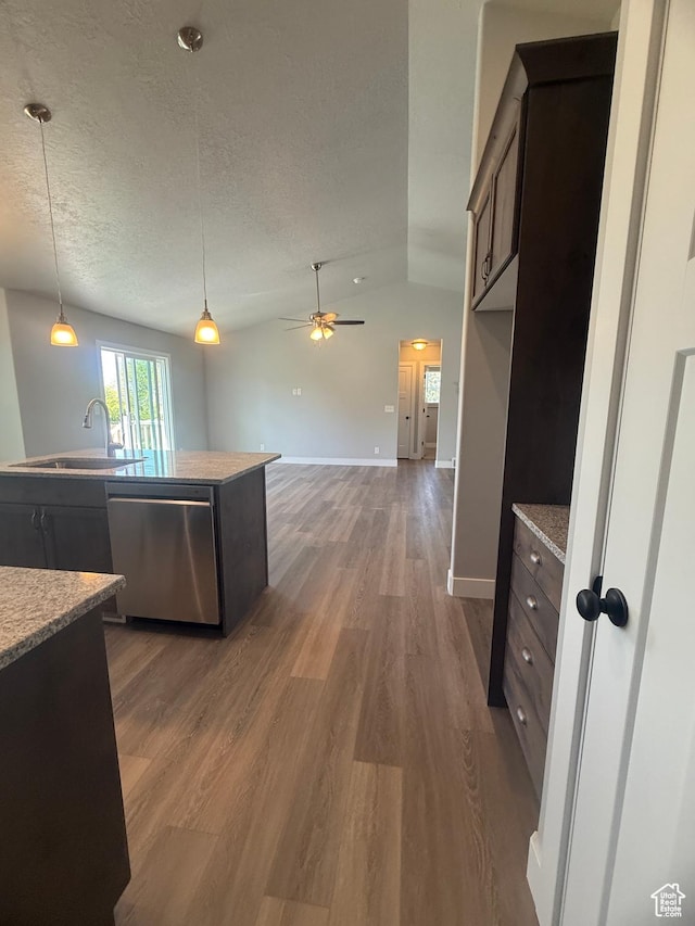 268 S 400 W, Tooele, UT 84074 - kitchen featuring stainless steel dishwasher, a sink, wood finished floors, a textured ceiling, and ceiling fan