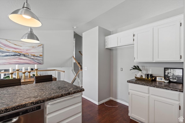 714 N 300 W, American Fork, UT 84003 - kitchen with dishwasher, white cabinets, dark wood-style flooring, decorative light fixtures, and baseboards