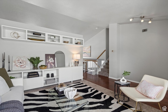 714 N 300 W, American Fork, UT 84003 - living room featuring wood finished floors, stairway, lofted ceiling, and baseboards