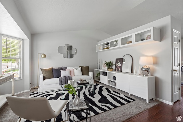 714 N 300 W, American Fork, UT 84003 - living area with vaulted ceiling, dark wood-style flooring, and baseboards