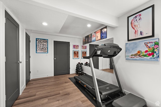 1067 W Ludington Ct, Bluffdale, UT 84065 - workout area featuring recessed lighting, wood finished floors, and baseboards
