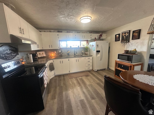 110 S 200 E, Cleveland, UT 84518 - kitchen with white refrigerator with ice dispenser, stainless steel microwave, black range with electric stovetop, under cabinet range hood, and a sink