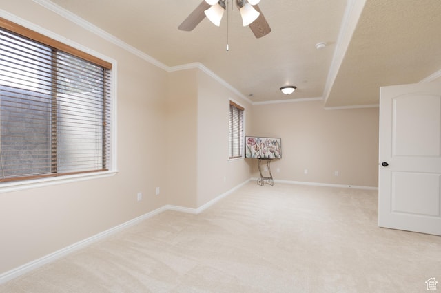 14825 S Meadow Oak Ct, Draper, UT 84020 - empty room with light carpet, ornamental molding, baseboards, and ceiling fan