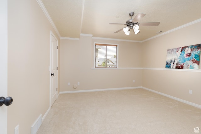 14825 S Meadow Oak Ct, Draper, UT 84020 - unfurnished room featuring light carpet, ceiling fan, crown molding, baseboards, and a textured ceiling