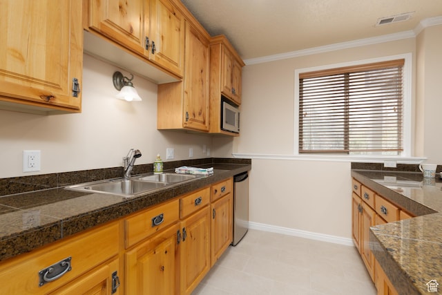 14825 S Meadow Oak Ct, Draper, UT 84020 - kitchen featuring a sink, appliances with stainless steel finishes, ornamental molding, tile countertops, and baseboards