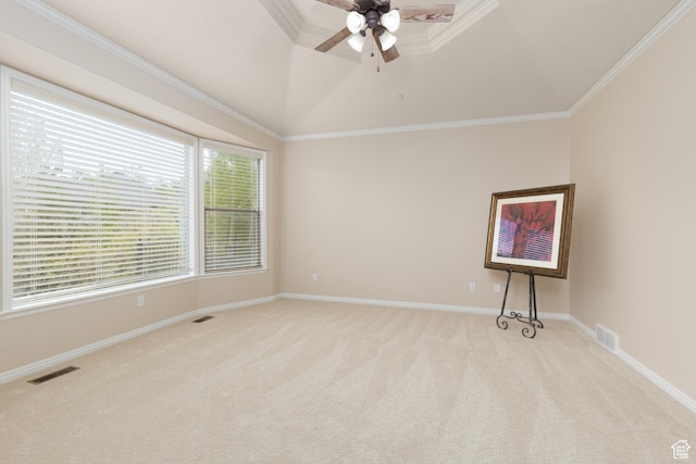 14825 S Meadow Oak Ct, Draper, UT 84020 - empty room featuring light carpet, ceiling fan, crown molding, and baseboards