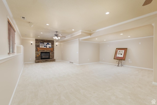14825 S Meadow Oak Ct, Draper, UT 84020 - unfurnished living room featuring ceiling fan, recessed lighting, light carpet, a fireplace, and baseboards