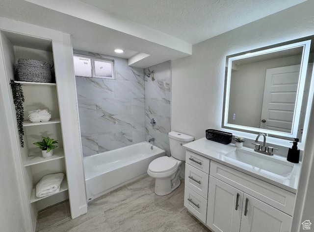 5011 S Leisure Ln W, Taylorsville, UT 84129 - bathroom with toilet, vanity, shower / bath combination, a textured ceiling, and marble look tiles