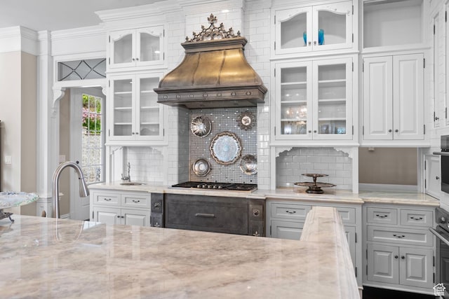 3291 E 1300 N, Layton, UT 84040 - kitchen featuring white cabinets, backsplash, and custom exhaust hood