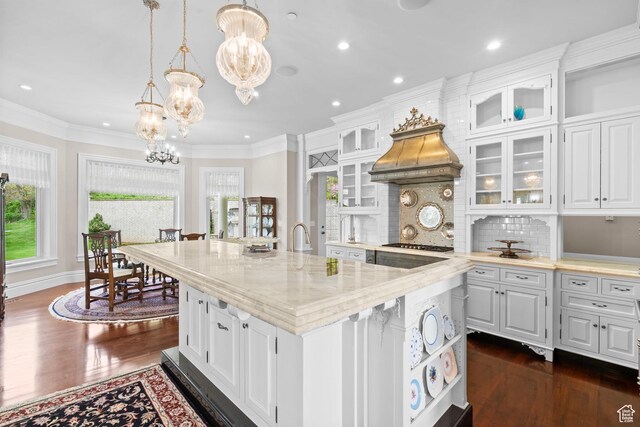 3291 E 1300 N, Layton, UT 84040 - kitchen featuring a chandelier, dark wood-style floors, white cabinetry, a center island with sink, and recessed lighting