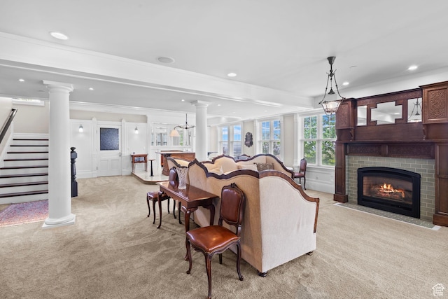 3291 E 1300 N, Layton, UT 84040 - living room with light colored carpet, ornamental molding, recessed lighting, decorative columns, and a fireplace