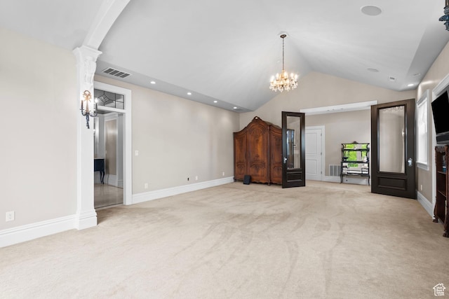 3291 E 1300 N, Layton, UT 84040 - unfurnished living room featuring light colored carpet, vaulted ceiling, a chandelier, baseboards, and recessed lighting