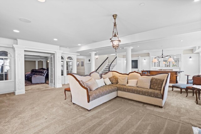 3291 E 1300 N, Layton, UT 84040 - living area with light carpet, ornamental molding, and recessed lighting