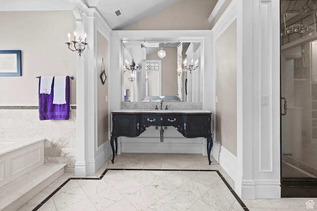 3291 E 1300 N, Layton, UT 84040 - full bath with marble finish floors, a chandelier, a stall shower, vanity, and a wainscoted wall