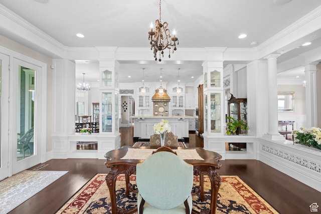 3291 E 1300 N, Layton, UT 84040 - dining area with a chandelier, ornate columns, dark wood finished floors, crown molding, and recessed lighting