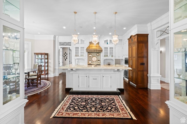 3291 E 1300 N, Layton, UT 84040 - kitchen featuring dark wood finished floors, wall oven, white cabinetry, glass insert cabinets, and ornamental molding