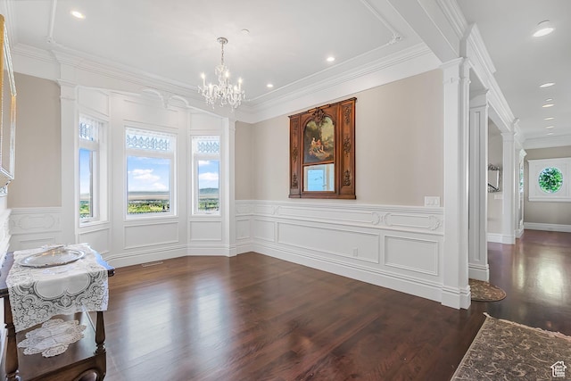 3291 E 1300 N, Layton, UT 84040 - unfurnished dining area with dark wood finished floors, decorative columns, a chandelier, recessed lighting, and wainscoting