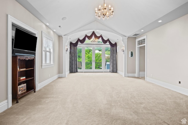 3291 E 1300 N, Layton, UT 84040 - unfurnished living room with light colored carpet, a chandelier, lofted ceiling, recessed lighting, and baseboards