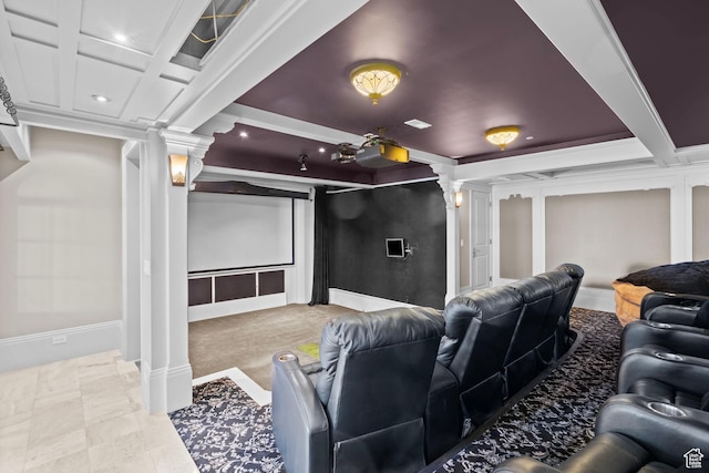 3291 E 1300 N, Layton, UT 84040 - home theater room featuring decorative columns, recessed lighting, coffered ceiling, and beam ceiling