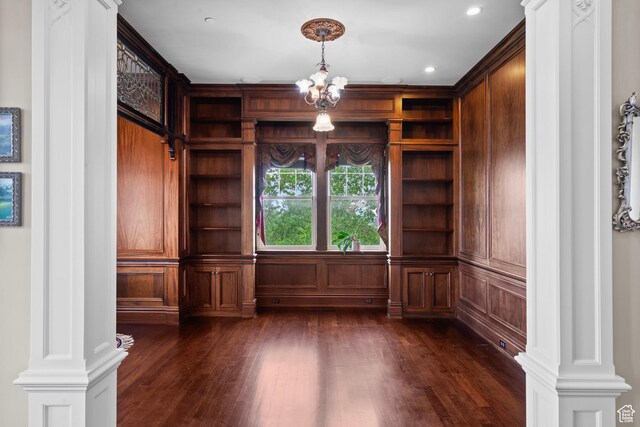 3291 E 1300 N, Layton, UT 84040 - unfurnished office featuring dark wood-style floors, a chandelier, built in features, recessed lighting, and decorative columns