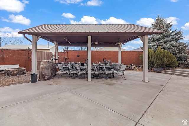 154 E 950 N, Glenwood, UT 84730 - view of patio / terrace with a ceiling fan, outdoor dining space, area for grilling, and a gazebo