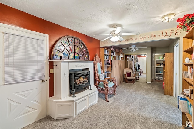 154 E 950 N, Glenwood, UT 84730 - carpeted living room featuring ceiling fan and a textured ceiling