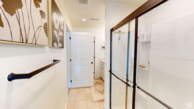 9367 N Vernham Way E, Eagle Mountain, UT 84005 - bathroom featuring a shower stall, tile patterned floors, recessed lighting, and vanity