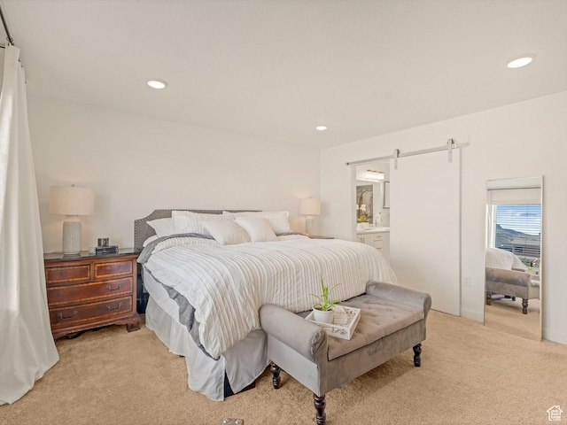 1512 W Fiore St, Farmington, UT 84025 - bedroom featuring light colored carpet, a barn door, recessed lighting, and ensuite bathroom