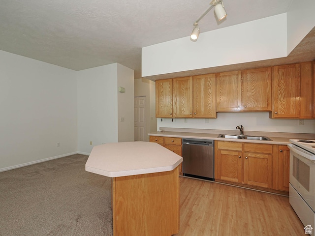 130 Bamberger Rd, North Salt Lake, UT 84054 - kitchen featuring stainless steel dishwasher, a sink, white electric range, light countertops, and a center island