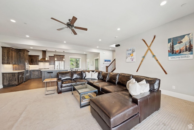 1757 E Longview Dr Unit 87, Hideout, UT 84036 - living room with recessed lighting, a ceiling fan, light colored carpet, stairway, and baseboards
