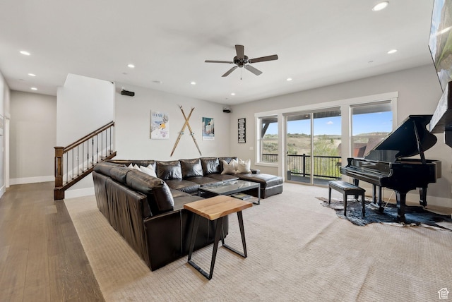 1757 E Longview Dr Unit 87, Hideout, UT 84036 - living area featuring recessed lighting, baseboards, stairway, ceiling fan, and light wood-style flooring